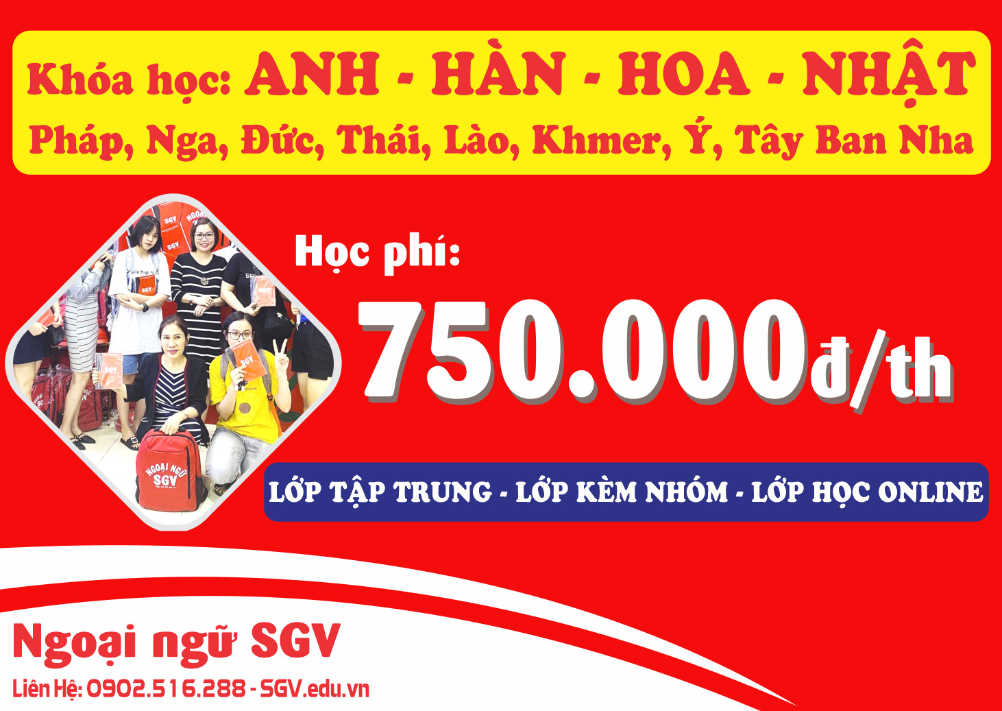 Học phí khoá tiếng Anh, Hàn, Hoa, Nhật