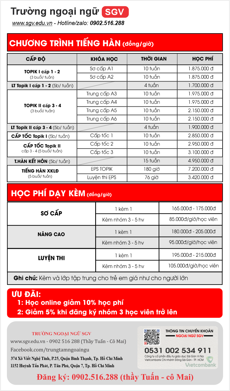 học phí khoá tiếng hàn sgv