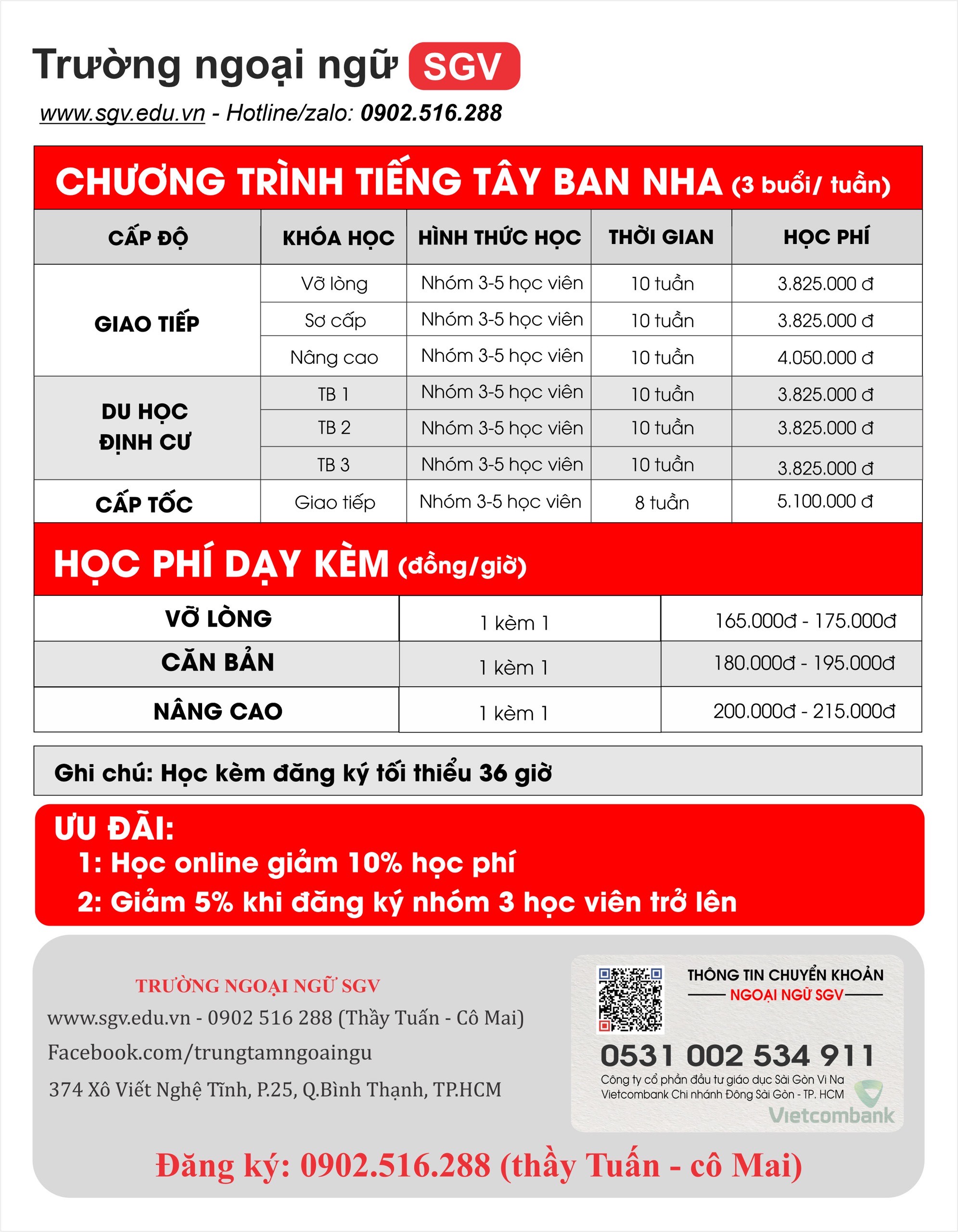 học phí tiếng Tây Ban Nha sgv